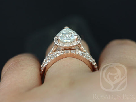 2cts Tabitha 10x7mm & Skinny Lima 14kt Gold Moissanite Diamonds Infinity Pear Halo Bridal Set - Rosados Box