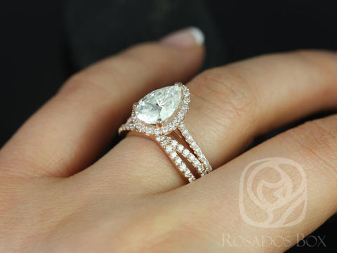2cts Tabitha 10x7mm & Skinny Lima 14kt Gold Moissanite Diamonds Infinity Pear Halo Bridal Set - Rosados Box