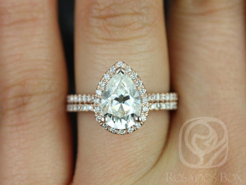 2cts Tabitha 10x7mm 14kt Moissanite Diamonds Dainty Pave Pear Halo Classic Bridal Set - Rosados Box