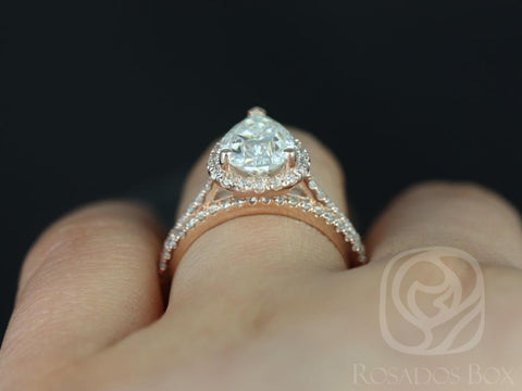 2cts Tabitha 10x7mm 14kt Moissanite Diamonds Dainty Pave Pear Halo Classic Bridal Set - Rosados Box