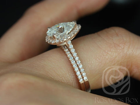 2cts Tabitha 10x7mm 14kt Moissanite Diamonds Dainty Pave Pear Halo Classic Bridal Set - Rosados Box