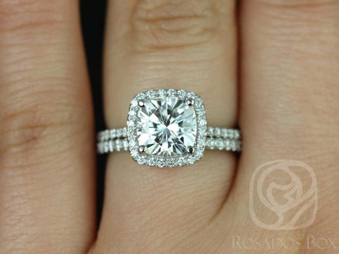 2ct Catalina 7.5mm 14kt Moissanite Diamond Petite Cushion Halo Classic Bridal Set - Rosados Box