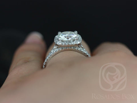 2ct Catalina 7.5mm 14kt Moissanite Diamond Petite Cushion Halo Classic Bridal Set - Rosados Box