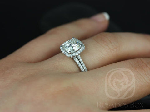2ct Catalina 7.5mm 14kt Moissanite Diamond Petite Cushion Halo Classic Bridal Set - Rosados Box