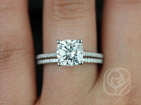 2cts Marcelle 7.5mm 14kt Gold Moissanite Diamond Dainty Cathedral Solitaire Cushion Bridal Set - Rosados Box