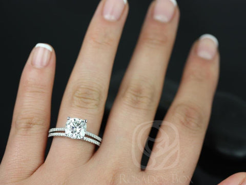 2cts Marcelle 7.5mm 14kt Gold Moissanite Diamond Dainty Cathedral Solitaire Cushion Bridal Set - Rosados Box