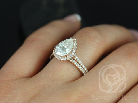 2cts Tabitha 10x7mm 14kt Moissanite Diamonds Dainty Pave Pear Halo Classic Bridal Set - Rosados Box