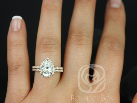 2cts Tabitha 10x7mm 14kt Moissanite Diamonds Dainty Pave Pear Halo Classic Bridal Set - Rosados Box