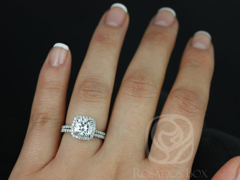 2ct Catalina 7.5mm 14kt Moissanite Diamond Petite Cushion Halo Classic Bridal Set - Rosados Box
