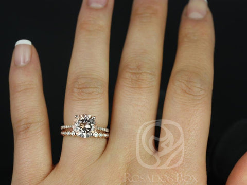 Eloise 9mm & Petite Bubbles 14kt Rose Gold Morganite Diamonds Thin Cathedral Round Solitaire Accent Bridal Set - Rosados Box