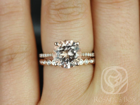Eloise 9mm & Petite Bubbles 14kt Rose Gold Morganite Diamonds Thin Cathedral Round Solitaire Accent Bridal Set - Rosados Box