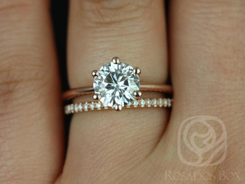 1.50ct Skinny Webster 7.5mm & Kimberly 14kt Moissanite Six Prong Round Solitaire Bridal Set - Rosados Box