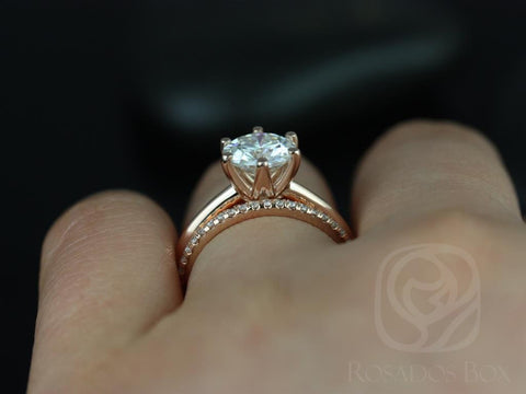 1.50ct Skinny Webster 7.5mm & Kimberly 14kt Moissanite Six Prong Round Solitaire Bridal Set - Rosados Box