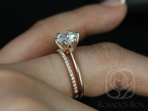 1.50ct Skinny Webster 7.5mm & Kimberly 14kt Moissanite Six Prong Round Solitaire Bridal Set - Rosados Box