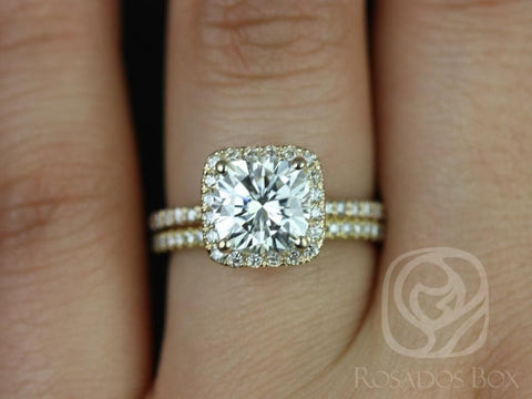 1.70ct Pernella 7mm 14kt Gold Moissanite Diamond Dainty Micropave Cushion Halo Classic Bridal Set - Rosados Box