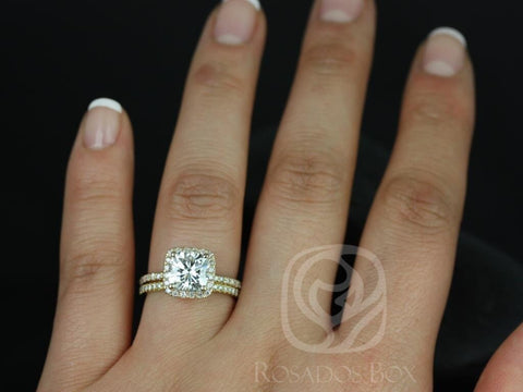 1.70ct Pernella 7mm 14kt Gold Moissanite Diamond Dainty Micropave Cushion Halo Classic Bridal Set - Rosados Box