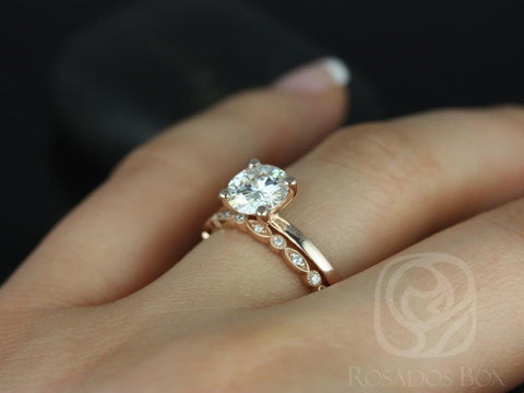 Ella 7mm & Ultra Petite Gwen 14kt Rose Gold Round Forever One Moissanite Diamond Bridal Set - Rosados Box