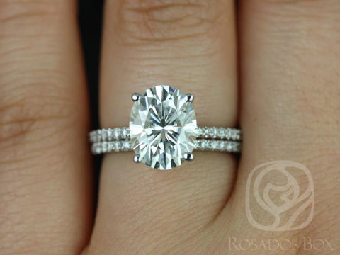 3ct Darcy 10x8mm Moissanite Diamond Oval Solitaire with Accent Bridal Set - Rosados Box