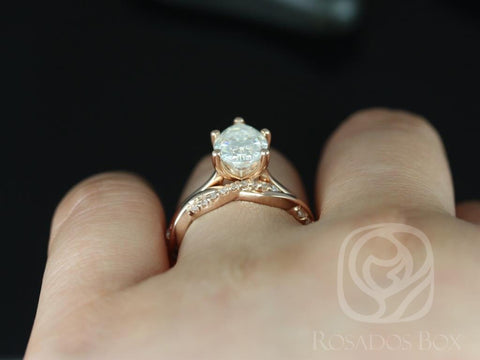 2ct Skinny Jane 10x7mm & Dusty 14kt Rose Gold Forever One Moissanite Diamond Dainty Twisted Pear Bridal Set