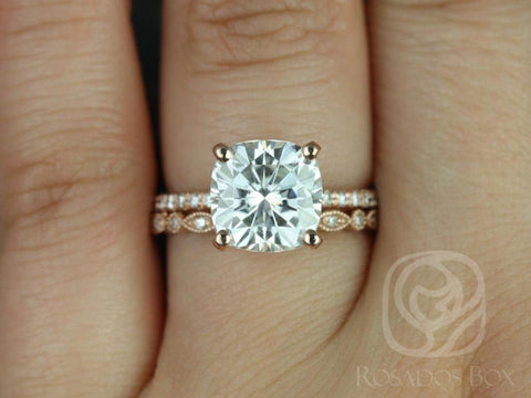 3.30ct Heidi 9mm & Gwen 14kt Moissanite Diamond Art Deco Cushion Solitaire Bridal Set - Rosados Box