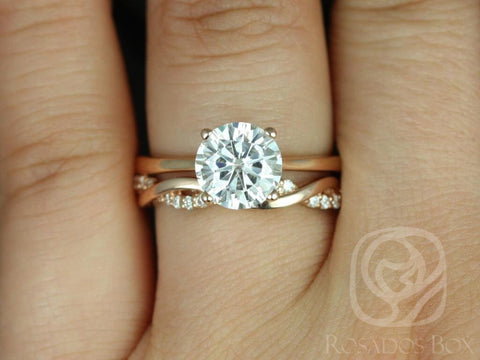 2ct Skinny Flora 8mm & Dusty 14kt Gold Moissanite Diamond Crossover Round Solitaire Bridal Set,Round Solitaire Ring,Wedding Ring Set