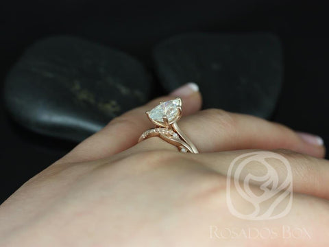 2ct Skinny Jane 10x7mm & Dusty 14kt Rose Gold Forever One Moissanite Diamond Dainty Twisted Pear Bridal Set