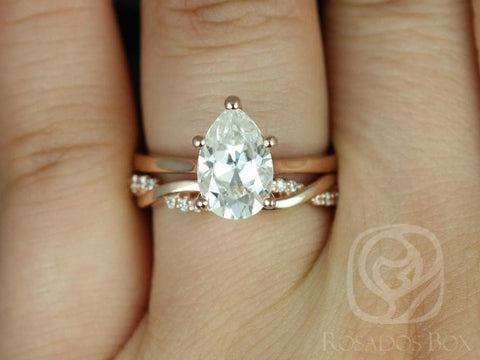 2ct Skinny Jane 10x7mm & Dusty 14kt Rose Gold Forever One Moissanite Diamond Dainty Twisted Pear Bridal Set