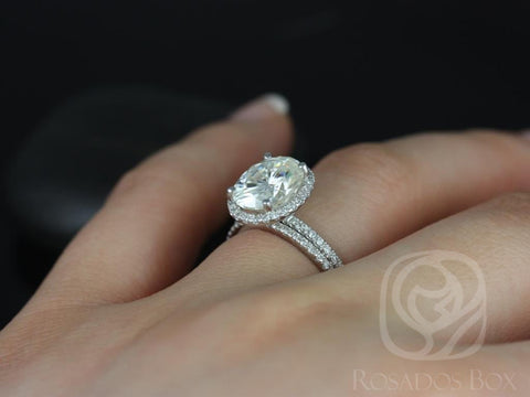 3ct Federella 10x8mm 14kt Moissanite Diamond Dainty Oval Halo Bridal Set - Rosados Box
