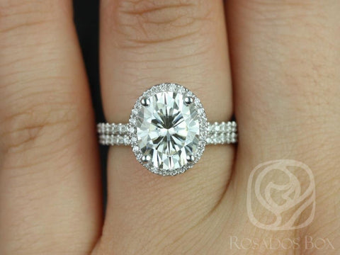 3ct Federella 10x8mm 14kt Moissanite Diamond Dainty Oval Halo Bridal Set - Rosados Box