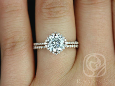 1.25ct Kitana 7mm 14kt Rose Gold Forever One Moissanite Diamonds Dainty Thin Kite Cushion Halo Bridal Set - Rosados Box