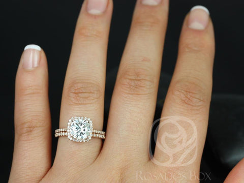 2ct Catalina 7.5mm 14kt Gold Diamond Dainty Cushion Halo Classic Bridal Set - Rosados Box