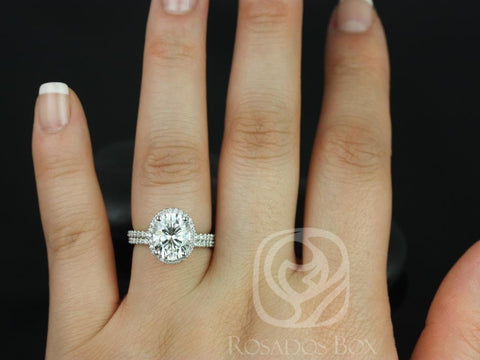 3ct Federella 10x8mm 14kt Moissanite Diamond Dainty Oval Halo Bridal Set - Rosados Box