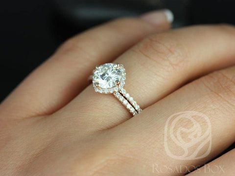 1.25ct Kitana 7mm 14kt Rose Gold Forever One Moissanite Diamonds Dainty Thin Kite Cushion Halo Bridal Set - Rosados Box