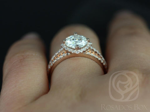 1.25ct Kitana 7mm 14kt Rose Gold Forever One Moissanite Diamonds Dainty Thin Kite Cushion Halo Bridal Set - Rosados Box