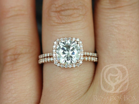 2ct Catalina 7.5mm 14kt Gold Diamond Dainty Cushion Halo Classic Bridal Set - Rosados Box