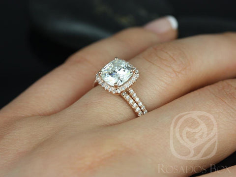 2ct Catalina 7.5mm 14kt Gold Diamond Dainty Cushion Halo Classic Bridal Set - Rosados Box