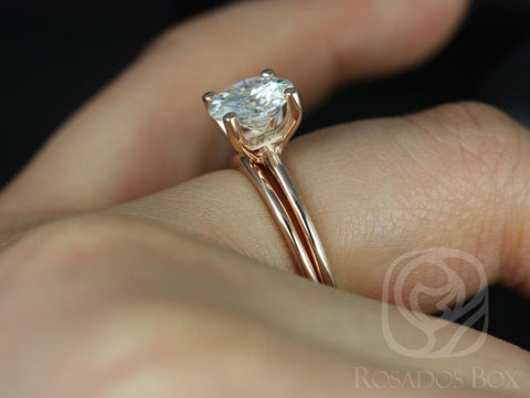 2ct Skinny Alberta 8mm & Plain Alberta 14kt Rose Gold Moissanite Dainty Round Solitaire Bridal Set - Rosados Box