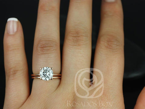 2ct Skinny Alberta 8mm & Plain Alberta 14kt Rose Gold Moissanite Dainty Round Solitaire Bridal Set - Rosados Box