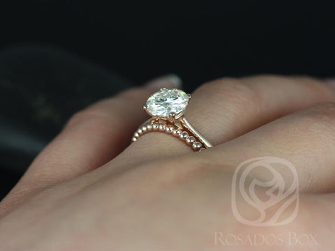 2ct Skinny Flora 8mm & Buddha Beads 14kt Rose Gold Moissanite Diamonds Dainty Round Solitaire Bridal Set