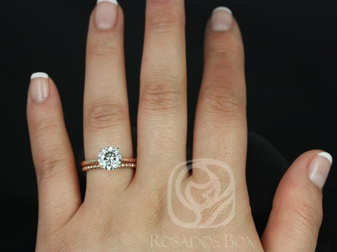 2ct Skinny Flora 8mm & Buddha Beads 14kt Rose Gold Moissanite Diamonds Dainty Round Solitaire Bridal Set