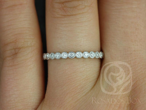 Petite Bubbles 14kt White Gold Diamond Bezel WITH Milgrain HALFWAY Eternity Wedding Ring - Rosados Box