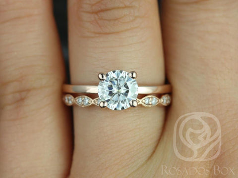 1.25ct Ella 7mm & Christie 14kt Rose Gold Moissanite Diamond Art Deco Scalloped Bridal Set Rings - Rosados Box