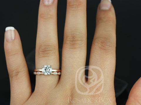 1.25ct Ella 7mm & Christie 14kt Rose Gold Moissanite Diamond Art Deco Scalloped Bridal Set Rings - Rosados Box