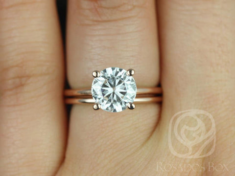 2ct Skinny Alberta 8mm & Plain Alberta 14kt Rose Gold Moissanite Dainty Round Solitaire Bridal Set - Rosados Box