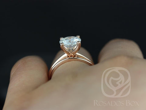 2ct Skinny Alberta 8mm & Plain Alberta 14kt Rose Gold Moissanite Dainty Round Solitaire Bridal Set - Rosados Box