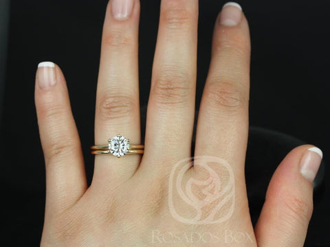 1.50ct Skinny Webster 7.5mm 14kt Gold Moissanite Six Prong Round Solitaire Bridal Set - Rosados Box