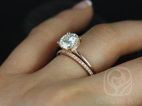 2ct Skinny Alberta 8mm & Swt Kubian 14kt Rose Gold Moissanite Diamond Dainty Round Solitaire Wedding Set Ring