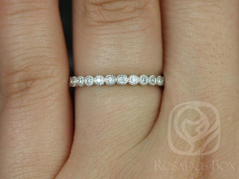 Petite Bubbles 14kt White Gold Diamond Bezel WITH Milgrain ALMOST Eternity Ring Dainty Ring - Rosados Box