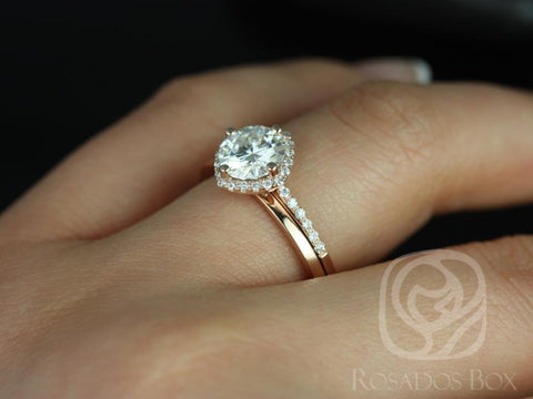 1.25ct Kitana 7mm & PLAIN Barra 14kt Gold Moissanite Diamond Dainty Kite Cushion Halo Bridal Set - Rosados Box