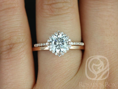 1.25ct Kitana 7mm & PLAIN Barra 14kt Gold Moissanite Diamond Dainty Kite Cushion Halo Bridal Set - Rosados Box